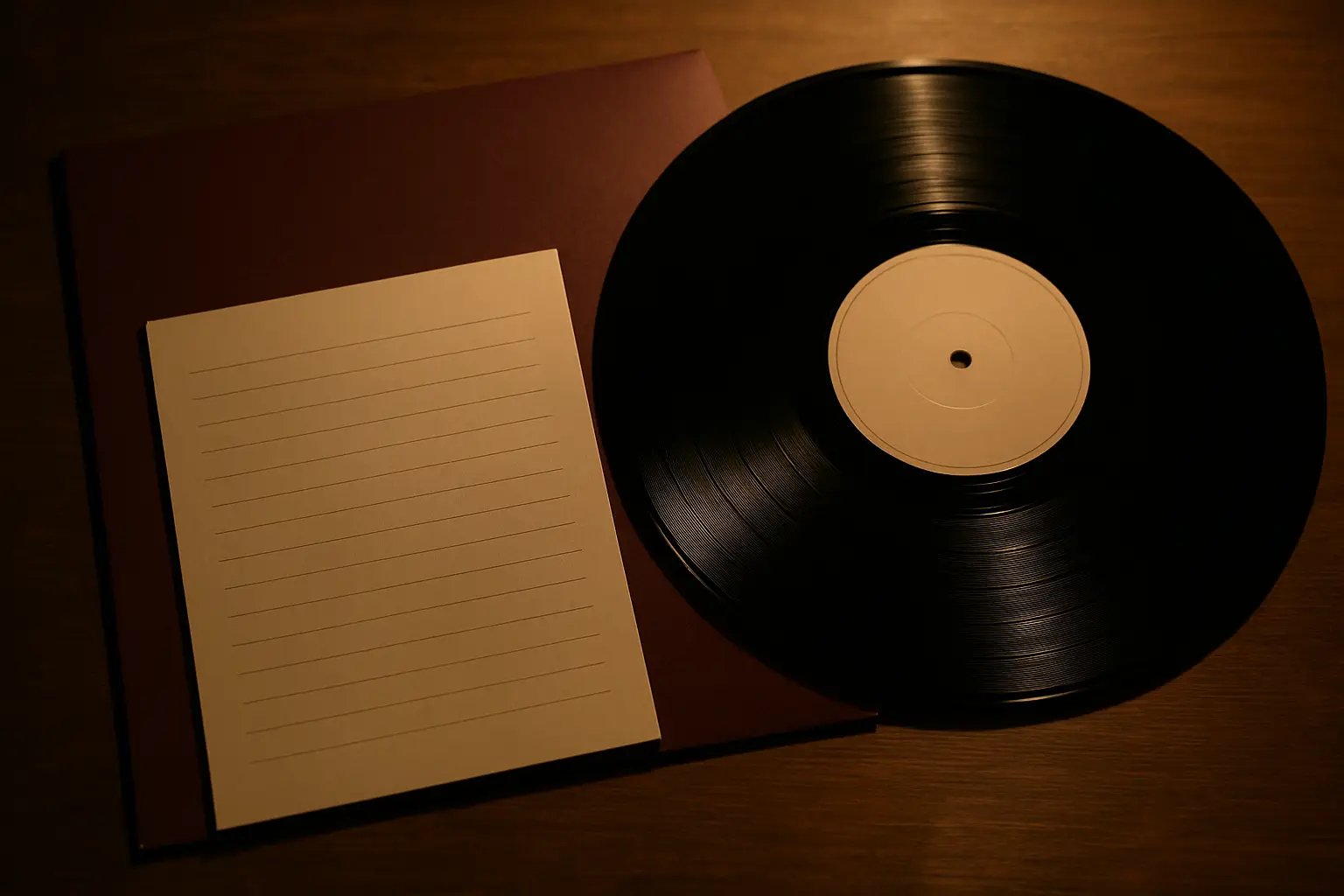 Vinyyli, kermanvärinen paperi ja burgundinpunainen kansi hämärässä valossa.